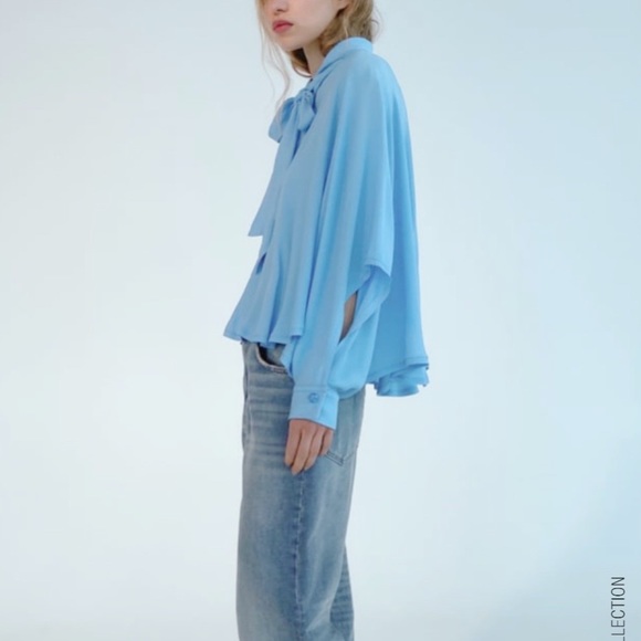 Zara Blue Flowy Cape Sleeve Blouse Size S NWT - Picture 7 of 9